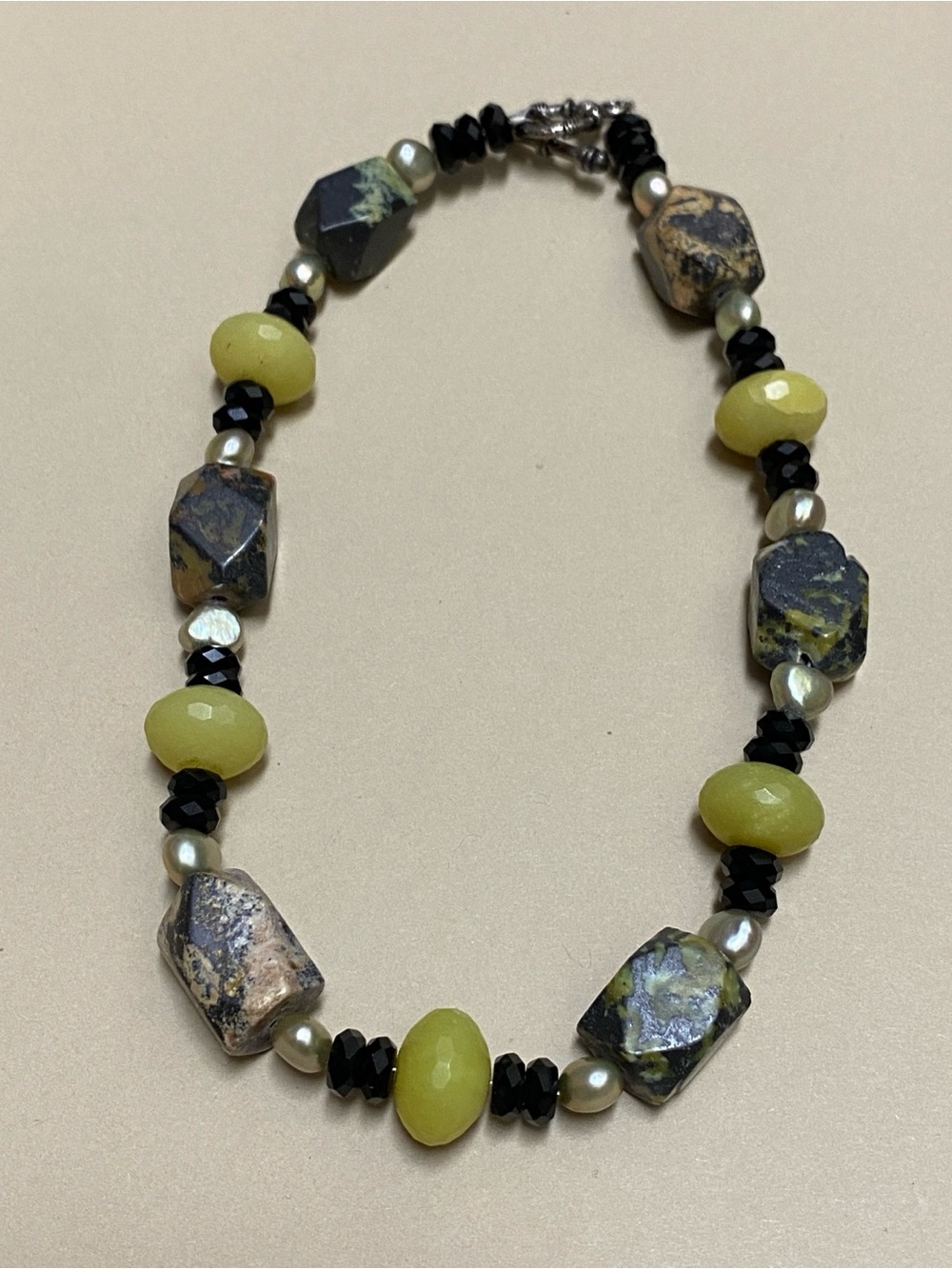 Handcrafted Yellow/Green Stone and Black Beaded Choker Necklace